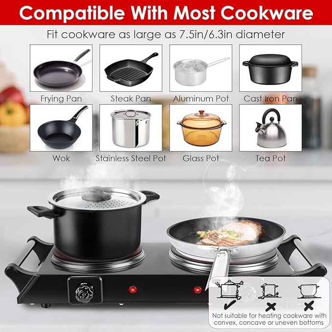 1800W Electric Double Burner, Portable Electric Stove, Hot Plate Countertop with Adjustable Temperature & Stay Cool Handles for RV Camping Home Dorm