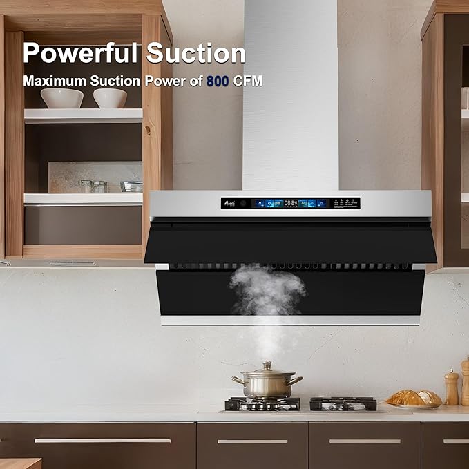 Awoco 36" Wall Mount Range Hood, Side-Draft Design, 4 Speeds Exhaust Fan with 800 CFM, Voice, Gesture, Touch & Remote Control, 6" Vent, Dimmable LED Light Bars, Adjustable Chimney up to 39"