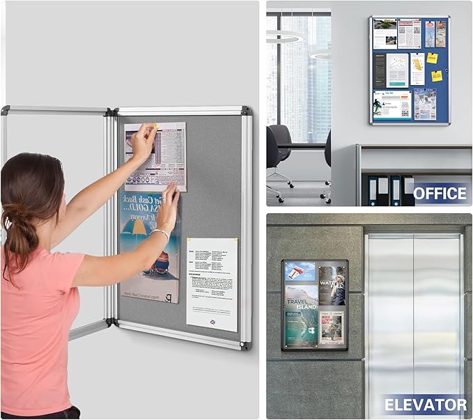 SWANCROWN Pins Bulletin Board Enclosed Lockable Noticeboard Glass Display Case for Home Office School,Blue Fabric,38"x38" (12xA4)