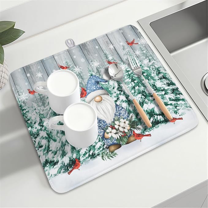 Giwawa Winter Gnome Dish Drying Mat Pine Tree Dishes Pad 16"x18" Microfiber - Image 8