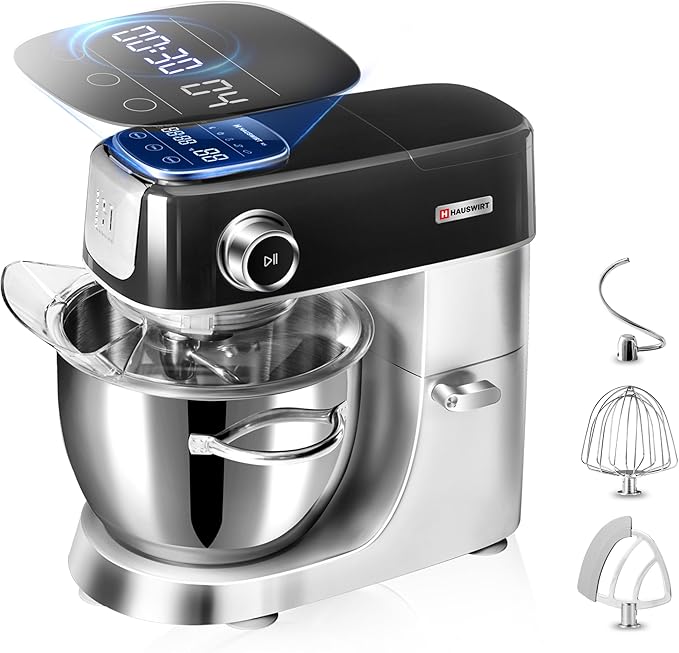 Hauswirt High-End Smart Stand Mixer M5, LED Touchscreen Mixers Kitchen Electric Stand Mixer with 5 Preset Menus, 5.3Qt Dough Mixer, 11speeds Kitchen Mixer with Egg Whisk, Dough Hook, Beater, Black