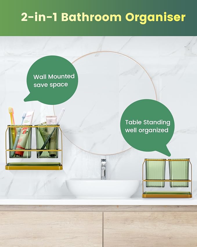 KONE Green Toothbrush Holders for Bathrooms, 2 Cups Toothbrush Holders Wall - Image 6