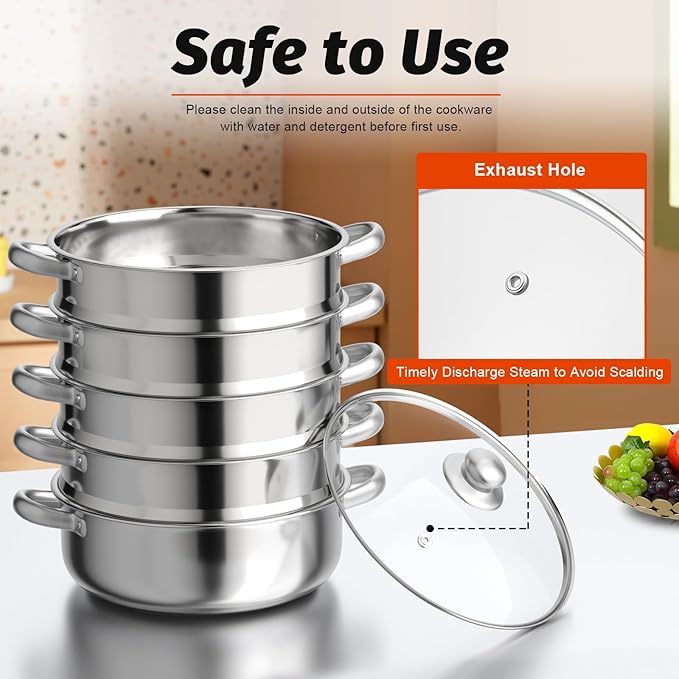 5 Tier Stainless Steel Steamer Pots Stackable Pan Steamer Cooking Pots Steam Canner with Lid Cookware Steaming Pots for Kitcken (30CM)