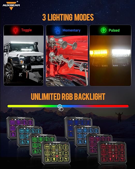 Auxbeam 12 Gang Switch Panel Bluetooth RGB AC-1200 with APP&Remote Control Toggle Momentary Pulsed Switch Pod Off Backlight for Truck Offroad 12-24V Waterproof 2 Years Warranty (Patent Registering)