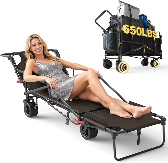 LEVELEVE Heavy Duty Folding Wagon - 2-in-1 Collapsible Cart, 650lb Capacity, All-Terrain Wheels w/Brakes & Side Pockets (Brown)