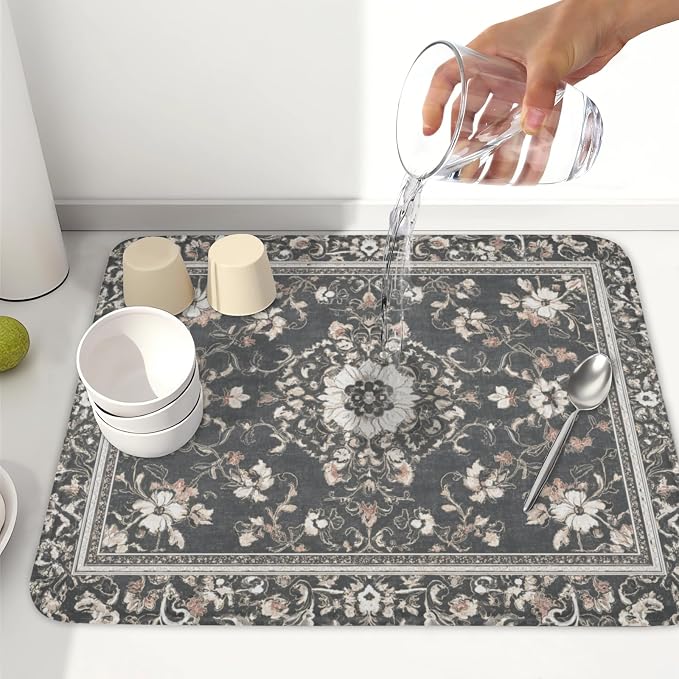 Giwawa Boho Floral Dish Drying Mat Grey Leaves Dishes Drainer Pad 16x18 Inch - Image 6