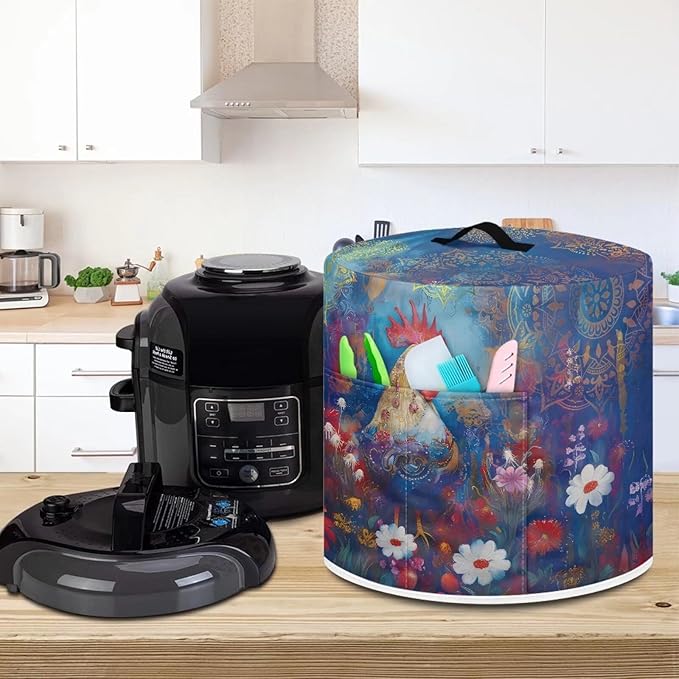 Rooster Flower Print Dust Cover for 3 Quart Instant Pot and Extra Accessories, Dust Proof Easy to Clean Pressure Cooker Cover Electric Appliance Cover Air Fryer Accessories with Pocket