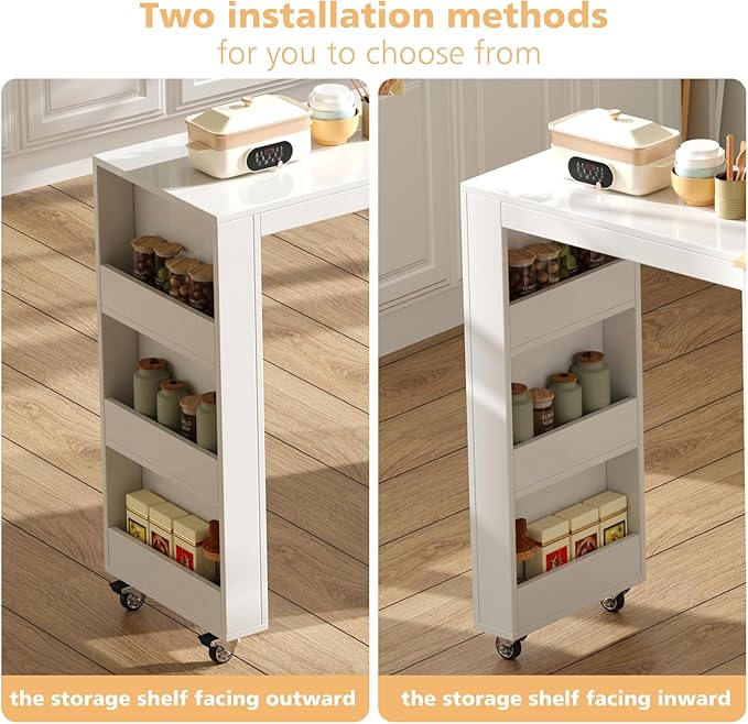 Modern Rolling Kitchen Islands with Extendable Dining Table, Hidden Trash Can Storage, Mobile Island Cart on Wheels with Storage for 2,Rubberwood Top,Storage Cabinet, Drawers & Wine rack,White