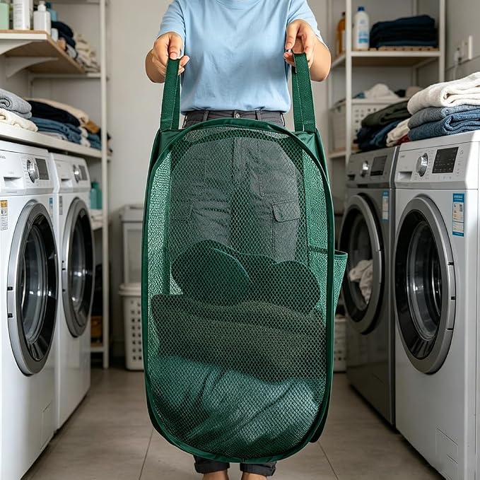 Larpur Pop Up Laundry Hamper Collapsible Mesh Clothes Basket, Dark Green - Image 4
