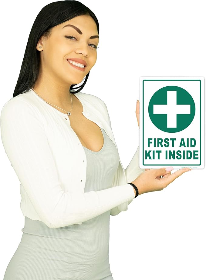 Brimar - 7" x 10" - First Aid Kit Inside Sign - 3.5 Mil InfiniStick™ Vinyl Label - Easy Installation - High Visibility