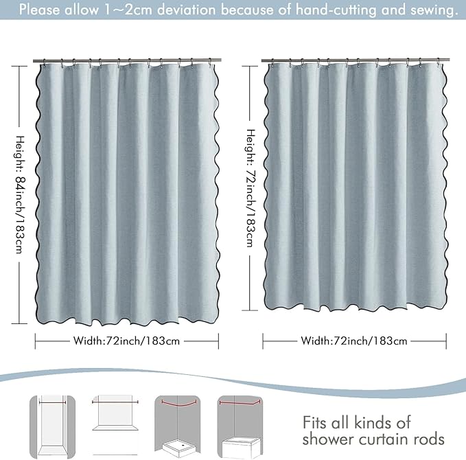 MIULEE Light Blue Scalloped Linen Shower Curtain 72x72 Inches - Image 6