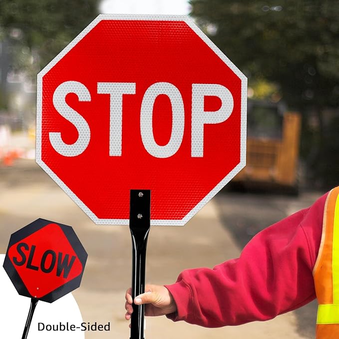 GicnKeuz Stop Slow Sign with Metal Handle, 18x18 inches Double Sided Slow/Stop sign, Traffic Reflective Aluminum Sign, Fade Resistant/Waterproof, Easy to Mount (2 Pack)