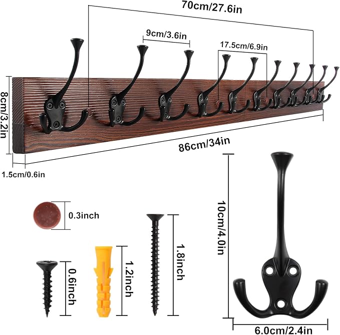 IBosins Brown Wood Wall Mounted Coat Rack, Rustic Coat Hooks Rail - Image 2