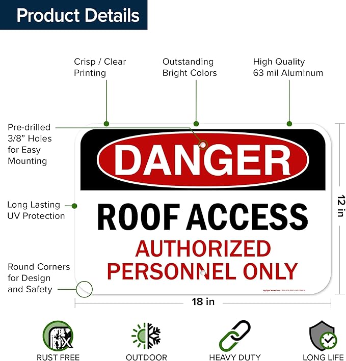 Danger Roof Access Authorized Personnel Only Sign, 12x18 Inches, Rust Free .063 Aluminum, Fade Resistant, Made in USA by My Sign Center