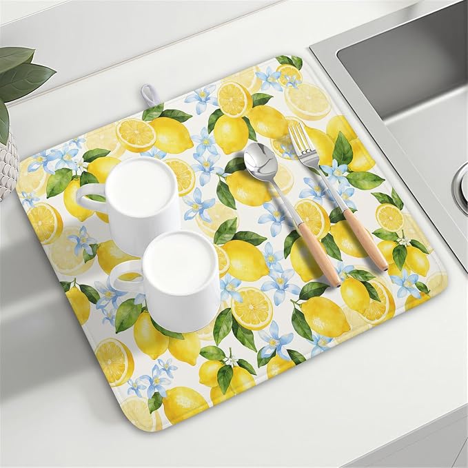 Kawani Lemon Dish Drying Mat 16x18 Inch Absorbent Reversible Summer Drying Mat - Image 8