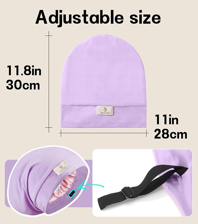 100% Mulberry Silk Bonnet for Sleeping for Curly Hair and Braids, Wrap with Adjustable Strap for Women and Men,Real Silk, Not Satin（1Pc,Lavender