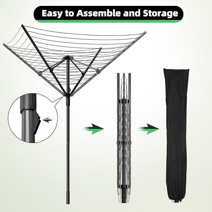 Heavy Duty Outdoor Umbrella Drying Rack, Rotating Height Adjustable Clothesline - Image 6