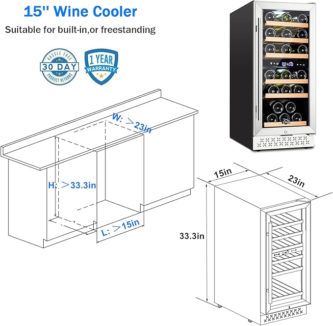 Tylza Mini Fridge 15 Inch Wine Cooler Under Counter, 30 Bottles Dual Zone Wine Fridge with Stainless Steel, Wine Refrigerator Freestanding, Built-in Wine Cellars