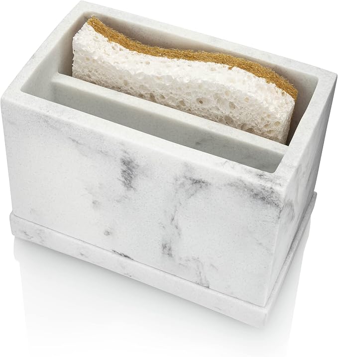 Essentra Home White Marble Kitchen Sponge Holder, Modern Kitchen Sink Caddy - Image 4
