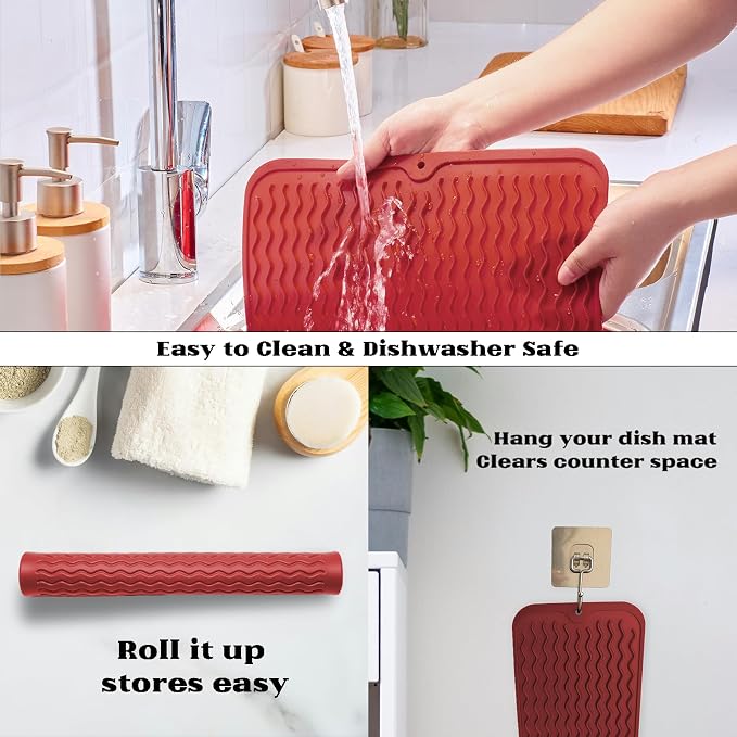 ZLR Silicone Dish Drying Mat for Kitchen Counter, Lava Red | Fast-Dry Wavy - Image 4
