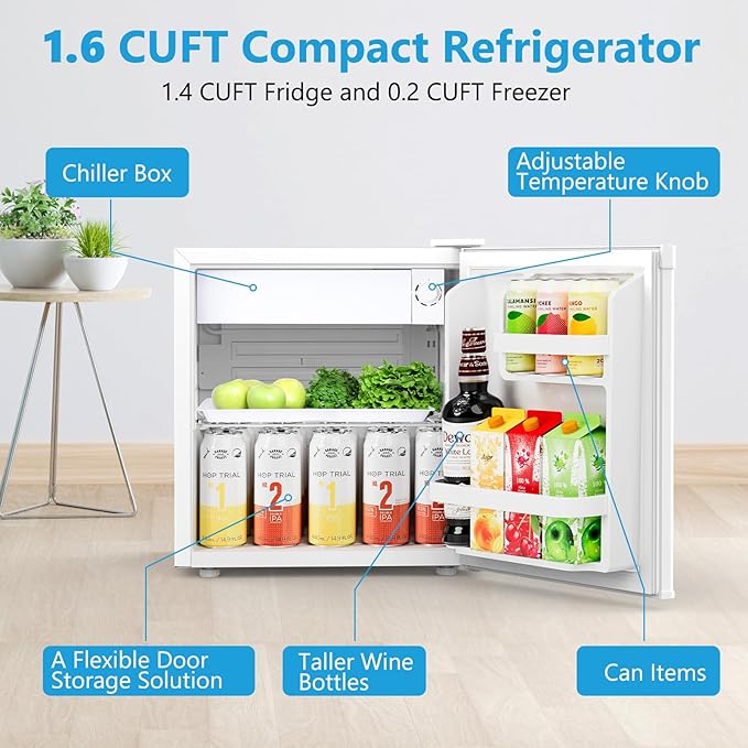 1.7 Cu.ft Mini Fridge with Freezer, Compact Refrigerator, Single Reversible Door, Ultra Quiet, Energy Efficient for Office, Dorm, Bedroom, Apartment, White