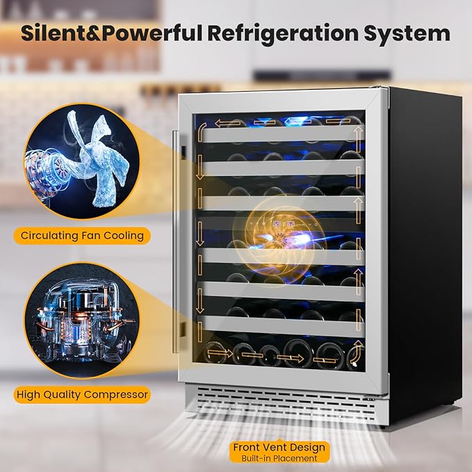 24 Inch Wine Cooler & Fridge Under Counter,54 Bottle Dual Zone Wine Cooler,New Upgrade Compressor,Blue Light Built-in/Freestanding,Reversible Stainless Steel Door Wine Fridge for Home/Kitchen