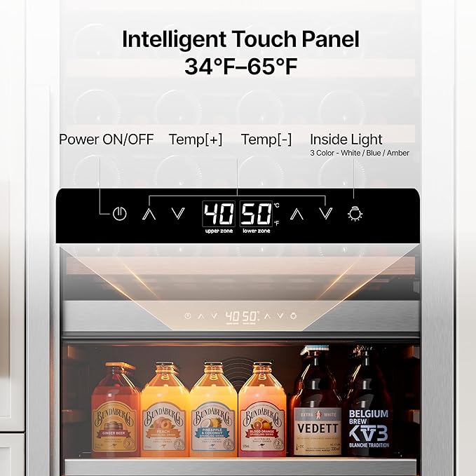 Ca'Lefort 24 Inch Wine Fridge - 112 Can & 40 Bottle Dual Zone Wine Cooler with Glass Door, 34-65°F Quiet Refrigerator with Bottom Drawer 3 LED Light Built-in for Home/Bar/Kitchen Right-Hinged Door