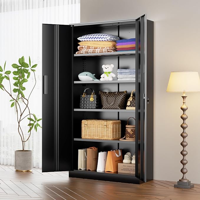 Oakmont Metal Storage Cabinet for Tool Organization, 72" Lockable Garage Storage Cabinets with 2 Doors and 4 Adjustable Shelves, Locking File Cabinet for Office, Home, School (72“ Standard-Black)