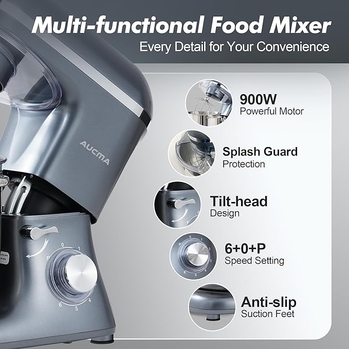 Aucma Stand Mixer,8QT 900W Tilt-Head Food Mixer, Kitchen Electric Mixer with Dough Hook, Wire Whip & Beater (Gray, 8QT)