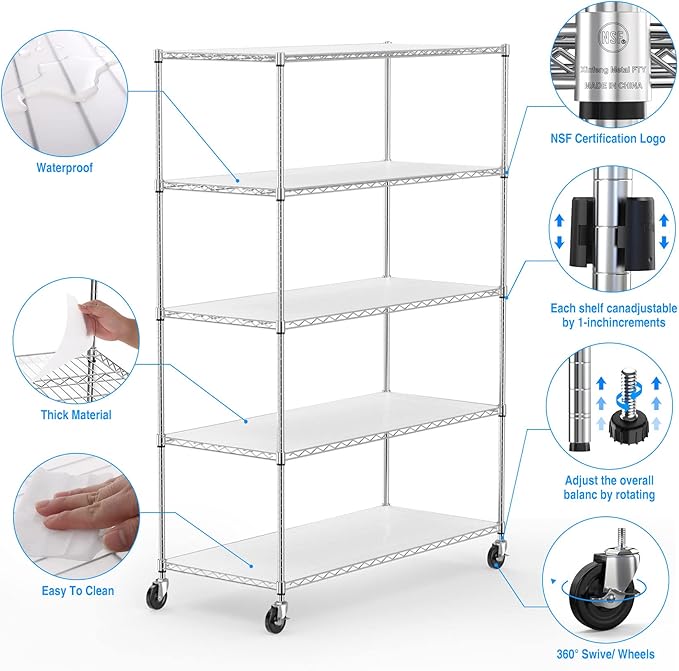 Wire Shelving Unit 5 Tier NSF Metal Shelf,6000lbs Capacity Heavy Duty Adjustable Storage Rack with Wheels & Shelf Liners for Commercial Grade Utility Steel Storage Rack, 82" H x 48" L x 24" D -Chrome