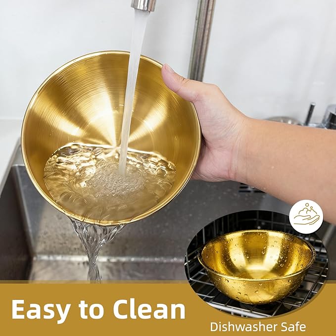 3-Piece Stainless Steel Golden Mixing Bowls (8.26") Metal Bowl with Measurement Marks, Dishwasher Safe & Stackable - Perfect for Baking, Salad Making, Meal Prep
