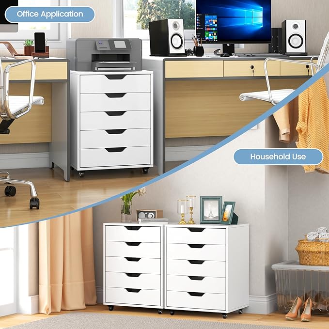File Cabinet, Mobile Filing Cabinet w/Universal Wheels & 5 Drawers, Wood Printer Stand with Storage, Rolling File Cabinets for Home Office, Living Room, Bedroom (White, 5 Drawers)