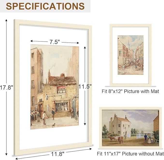 Vittanly 11x17 Picture Frame, Solid Wood Frame with Plexiglass, Includes 8x12 Mat, Wall Hanging for Photos, Home Decor, White, 1 Pack