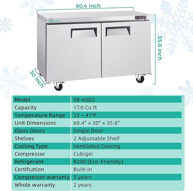 60" Commercial Double Door Worktop Refrigerator, 17 Cu.ft Stainless Steel Prep Table Fridge, R290 Heavy-Duty Undercounter Cooler