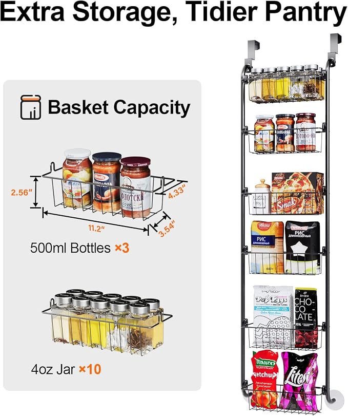 Delamu Narrow Over the Door Pantry Organizer, 6-Tier Metal Pantry Door - Image 4