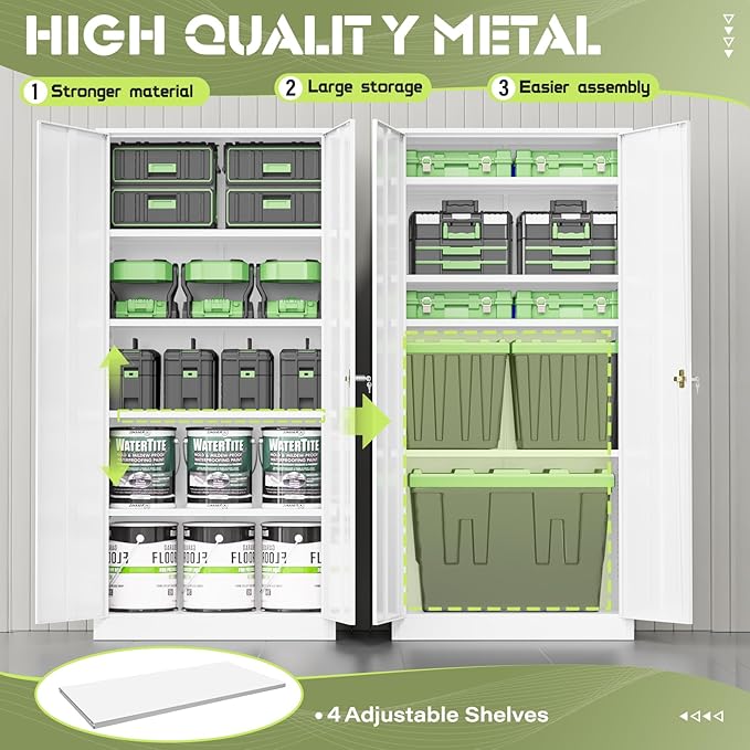 Oakmont Metal Storage Cabinet for Tool Organization, 72" Lockable Garage Storage Cabinets with 2 Doors and 4 Adjustable Shelves, Locking File Cabinet for Office, Home, School (72“ Wide-White)