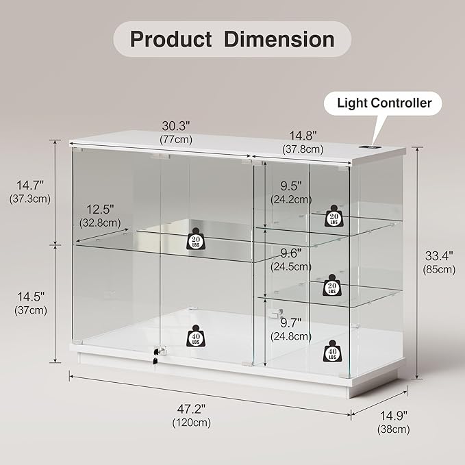 Lvifur RGB Glass Display Cabinet - with Lock, High Gloss Sideboard with Human Body Sensor & Glass Shelves for Toys, Books, Collectibles, Liquor, Bookcase for Living Room, Kitchen, Study, White