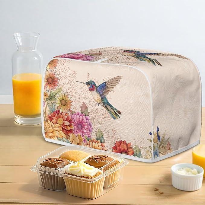 Hummingbird Boho Flower Print Toaster 4 Slice Cover Universal Size Kitchen Appliance Bread Maker Cover Kitchen Home Decor