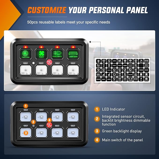 Nilight 8 Gang Switch Panel System Circuit Control Relay System Fuse Wiring Harness Automatic Dimmable ON Off LED Switch Pod for 12V Cars Trucks Campers SUV, 2 Years Warranty
