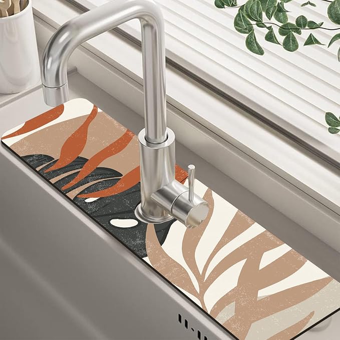 Mid Century Boho Leaves Kitchen Sink Splash Guard Absorbent Fast Drying Mat by Unknown