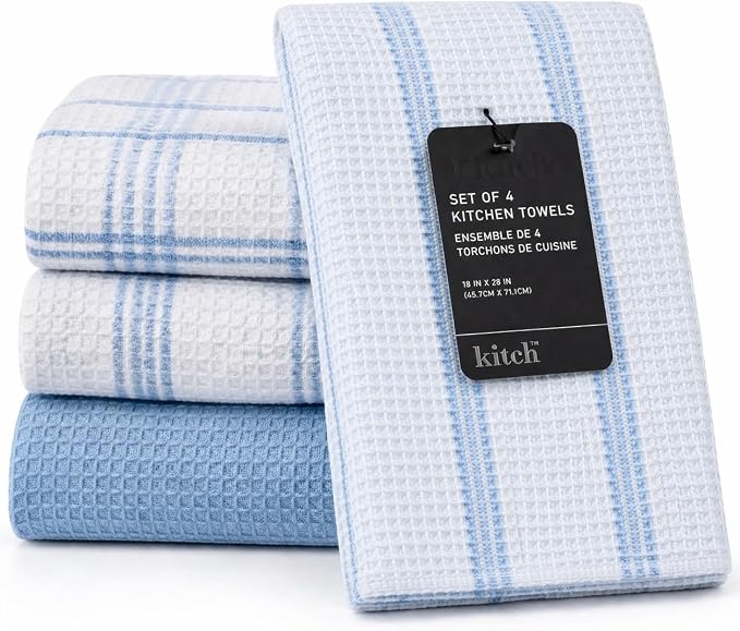 Kitchen Towels Set of 4 Dish Towels Blue n White Waffle Weave Cotton Hand Towels by MosJos