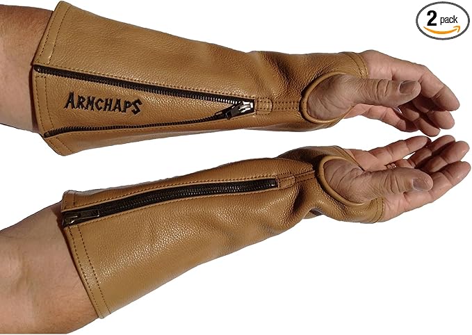 Arm Chaps Leather Protective Sleeves Arm Guard - Prevent Cuts, Scratches & Bruises - Genuine Cowhide - Ideal for Gardening & Construction - Left & Right Form-Fitting. Brown (1 Pair/Small).