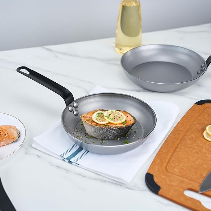 Restaurantware Met Lux 8 Inch Fry Pans, 6 No-Stick Frying Pans - Induction-Ready, Triple-Riveted, Silver Carbon Steel Cooking Skillets, Durable, For Searing, Sauteing, And Browning Food