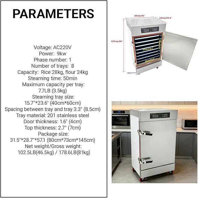Commercial Electric Steaming Cabinet 8 Trays Intelligent Food Steamer Stainless Steel with Timer Appointment, Auto Water Refill, Anti-Dry for Restaurant/Canteen/Hotel Kitchen 220V 9KW 1PH