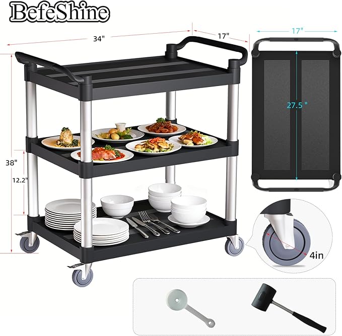 Utility Cart with Tangle-Free Wheels, 3 Tier Rolling Cart with Wheels(2 with Brakes), Heavy Duty 350 Lbs Capacity,Commercial Serving Cart for Home, Office, Restaurant, Warehouse.34 L x 17" W x 38" H