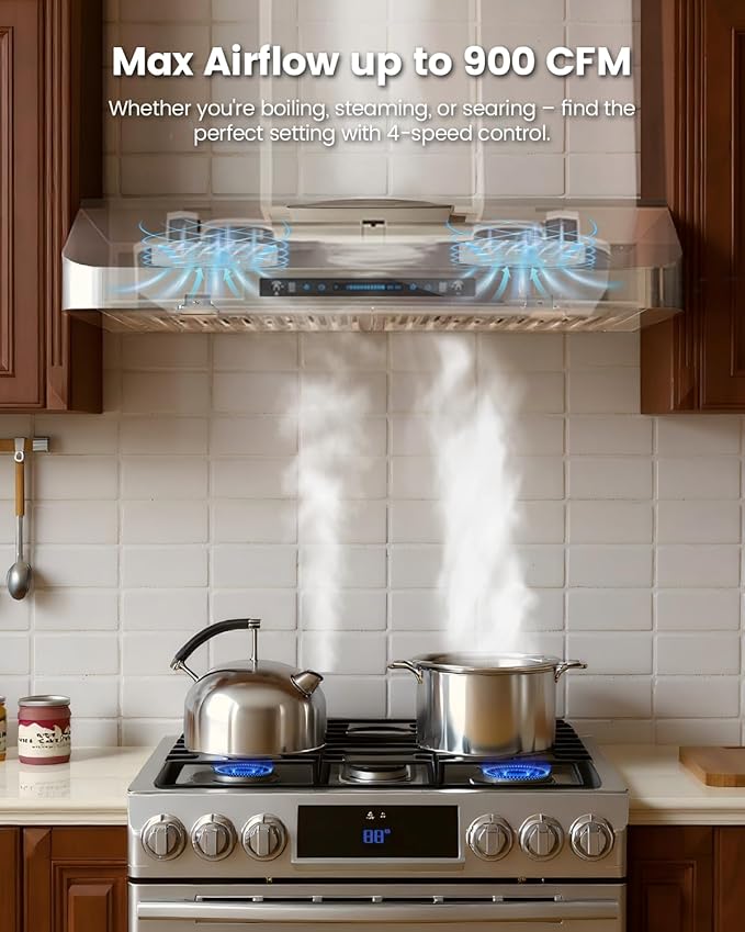 JOCO 42 Inch Under Cabinet Range Hood, 900 CFM Stainless Steel Kitchen Vent Hood, 4-Speed Gesture/Touch/Remote Control C01-42G