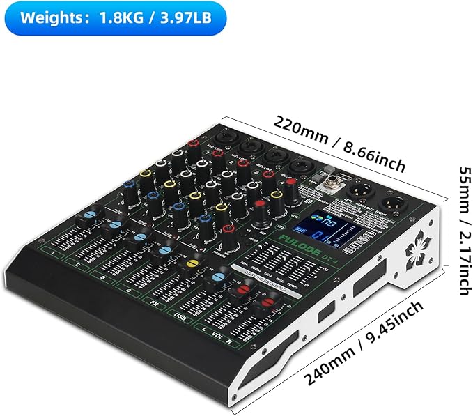 DT-4 Professional 4 Channe Audio Mixer，DJ Controller Sound Board Mixing with 99 DSP Effects,5-Band EQ/4 XLR interfaces and USB for Live Streaming & Recording，48V Phantom Power & Vocal Removal