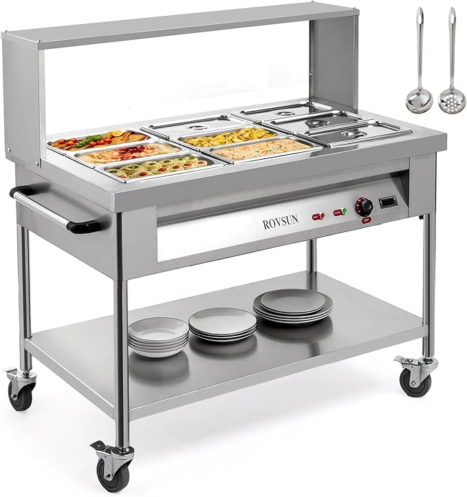ROVSUN 72QT Electric Commercial Food Warmer 1500W, 9-Pan Steam Table 8QT/Pan Stainless Steel Bain Marie w/Acrylic Shield Overshelf Undershelf Temperature Control & Lid for Buffet Restaurant 110V