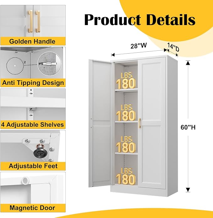 Kitchen Pantry Cabinet,60”White Metal Pantry Storage Cabinet with Doors and 4 Adjustable Shelves,Kitchen Cabinet with 2 Gold Handles,Tall Cabinets for Livingroom, Bathroom