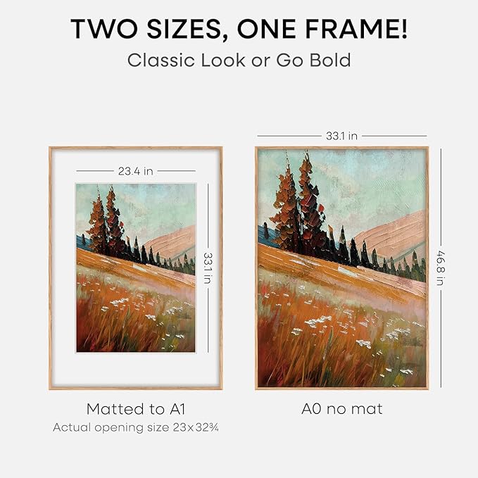 Homeforia A0 Poster Frame Natural Wood, High End Oak 33.1 x 46.8 Large Wooden Picture Frames Matted to 23.4 by 33.1 for Photo, A0 Size Light Wood Frames with Mat A1, Tempered Glass, Wall Kit, Set of 1